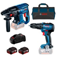 Kit Martelo Perfurador GBH 180-LI e Parafusadeira/Furadeira Impacto 1/2" GSB 18V-50 Bosch com 2 Baterias 18V 4.0Ah, Carregador e Bolsa