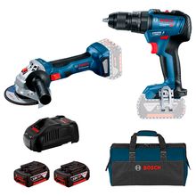 Kit Esmerilhadeira Angular 5" GWS 180-LI e Parafusadeira/Furadeira Impacto 1/2" GSB 18V-50 Bosch com 2 Baterias 18V 4.0Ah, Carregador e Bolsa