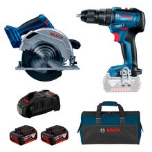 Kit Serra Circular 6.1/2" GKS 18V-57 e Parafusadeira/Furadeira Impacto 1/2" GSB 18V-50 Bosch com 2 Baterias 18V 4.0Ah, Carregador e Bolsa