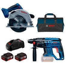 Kit Serra Circular 6.1/2" GKS 18V-57 e Martelo Perfurador GBH 180-LI Bosch com 2 Baterias 18V 4.0Ah, Carregador e Bolsa