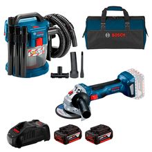 Kit Aspirador de Pó GAS 18V-10L e Esmerilhadeira Angular 5" GWS 180-LI Bosch com 2 Baterias 18V 4.0Ah, Carregador e Bolsa