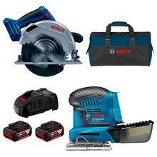 Kit Serra Circular 6.1/2" GKS 18V-57 e Lixadeira Orbital Palma GSS 18V-10 Bosch com 2 Baterias 18V 4.0Ah, Carregador e Bolsa