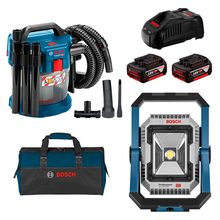 Kit Aspirador de Pó GAS 18V-10L e Refletor GLI 18V-1900 Bosch com 2 Baterias 18V 4.0Ah, Carregador e Bolsa