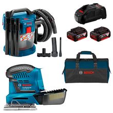 Kit Aspirador de Pó GAS 18V-10L e Lixadeira Orbital Palma GSS 18V-10 Bosch com 2 Baterias 18V 4.0Ah, Carregador e Bolsa