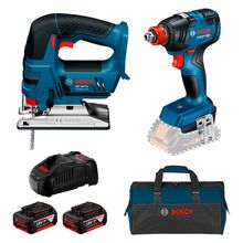 Kit Serra Tico-Tico GST 18V-LI e Chave Impacto 1/4" e 1/2" GDX 18V-200 Bosch com 2 Baterias 18V 4.0Ah, Carregador e Bolsa